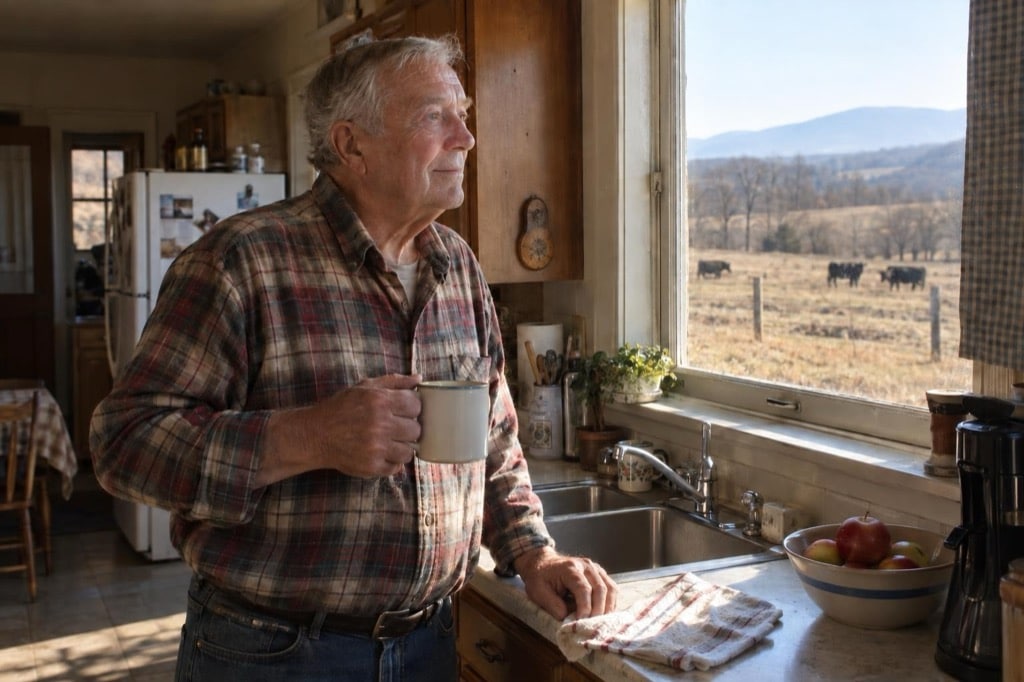 An older man stands at his farmhouse kitchen sink with a coffee mug, looking out the window at a cattle pasture and a distant blue ridge.