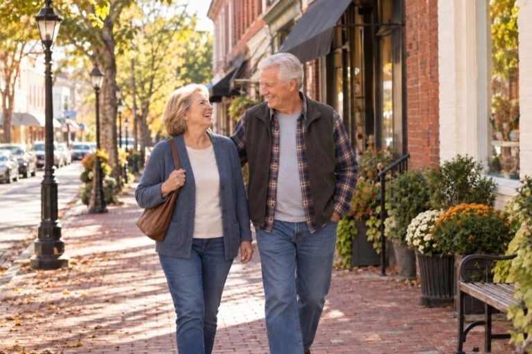 An older couple walk and talk together along a brick sidewalk on a historic small town Virginia main street on an autumn morning.