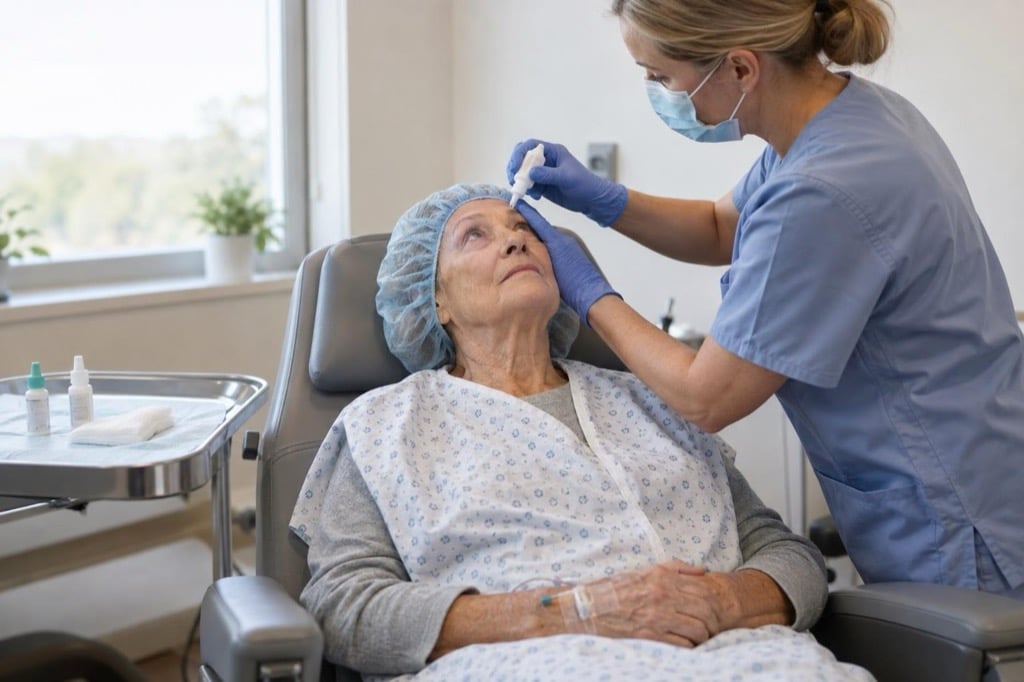 A nurse in blue scrubs instills dilating eye drops for an older woman, seated in a pre-procedure recliner at an outpatient eye surgery center.