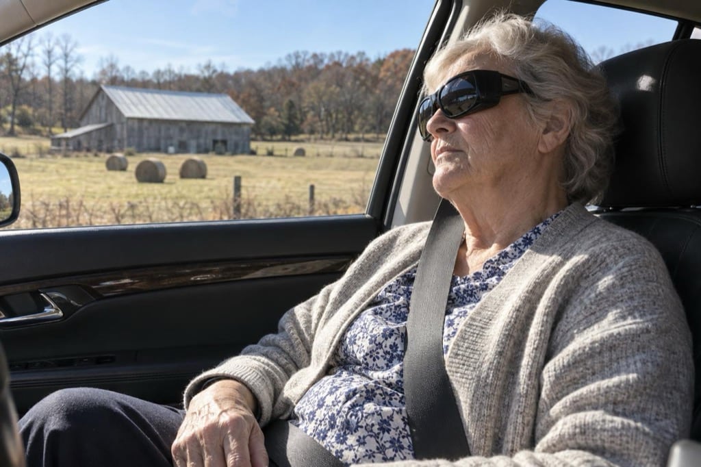 An older woman in dark sunglasses rides home in the passenger seat, past a hay field with round bales and a weathered grey Virginia barn.
